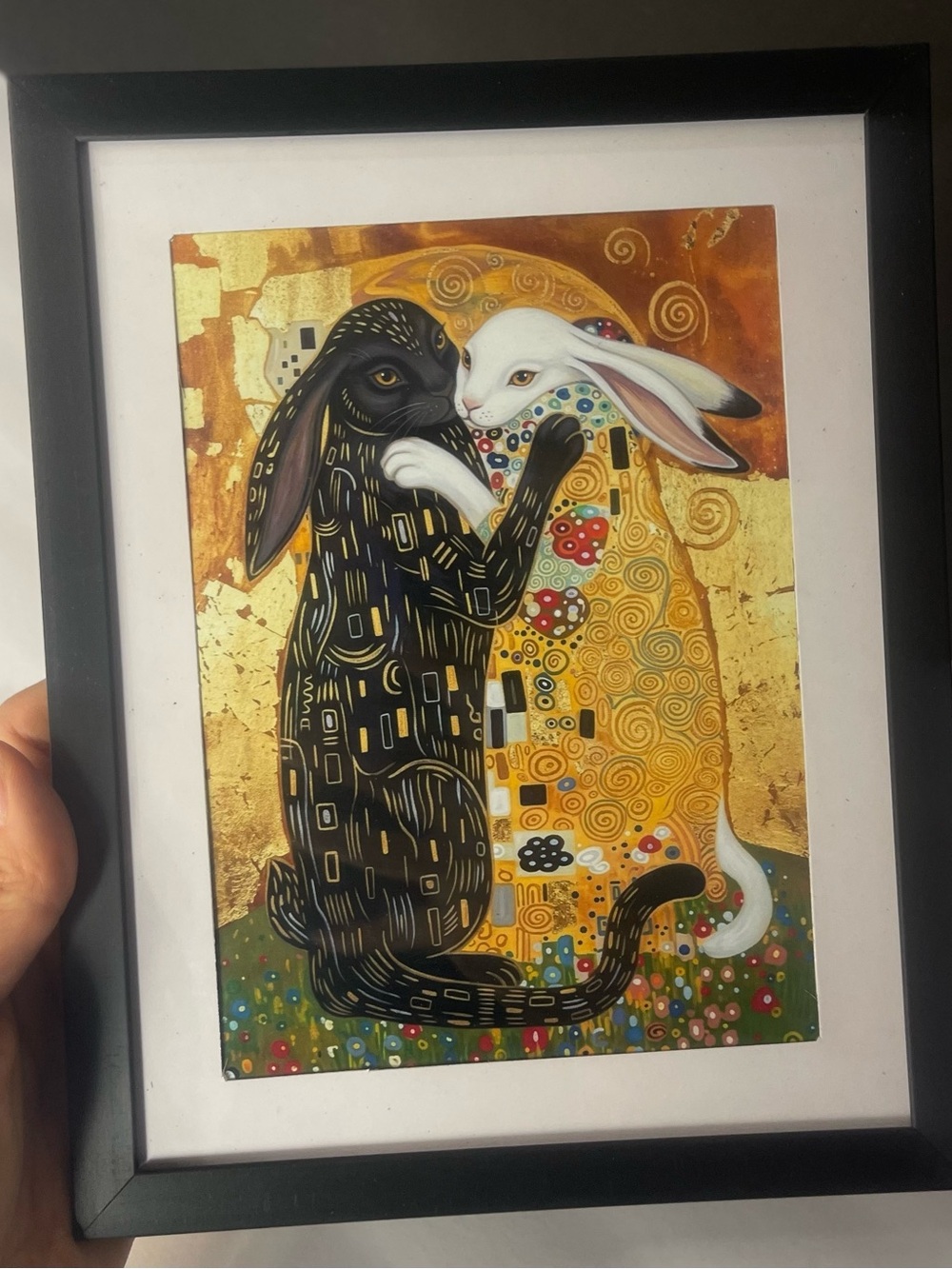Framed Klimt-style rabbit print – black & white hares 5x7